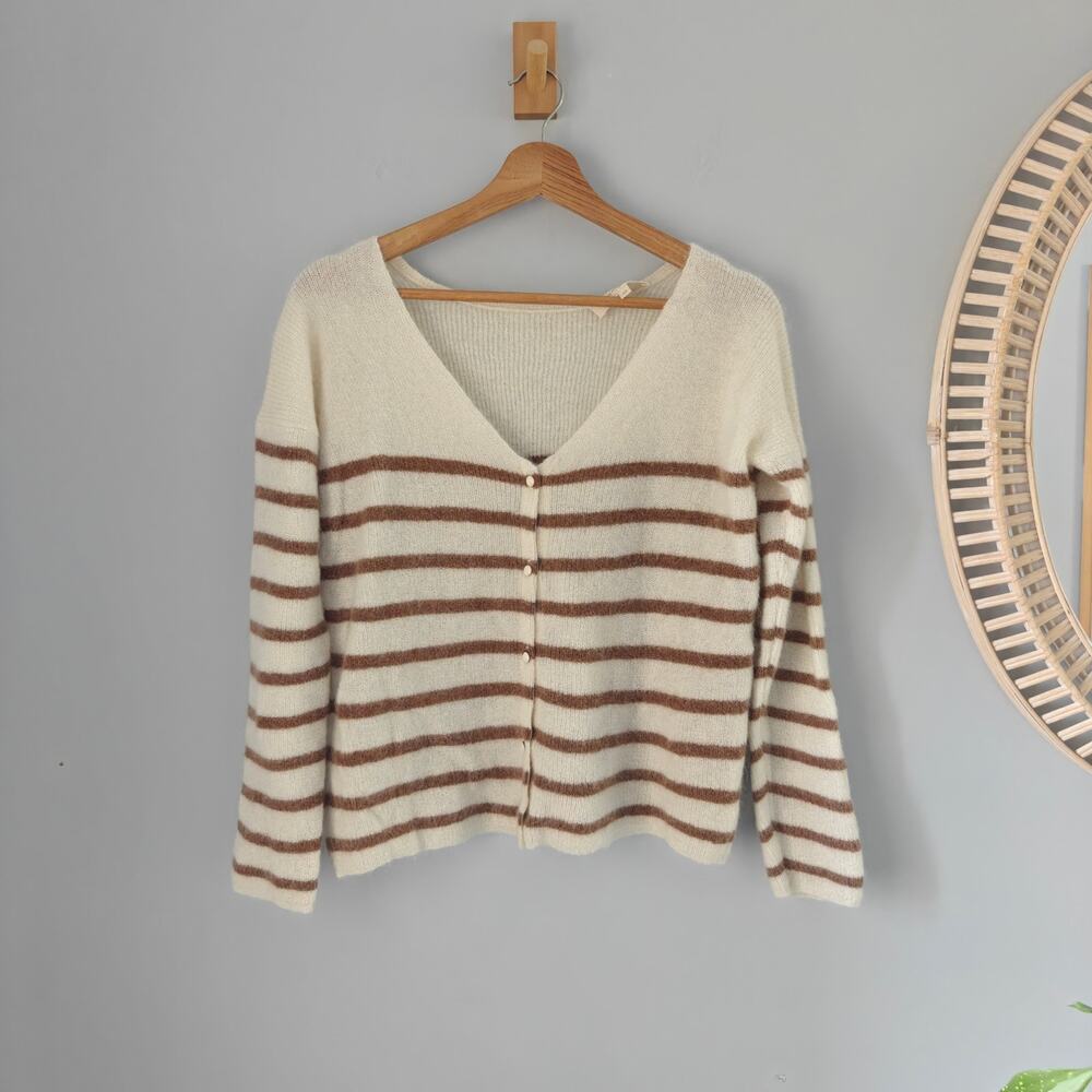 Sezane Barry Cardigan Ecru Camel Striped Mohair Alpaca Sweater XS